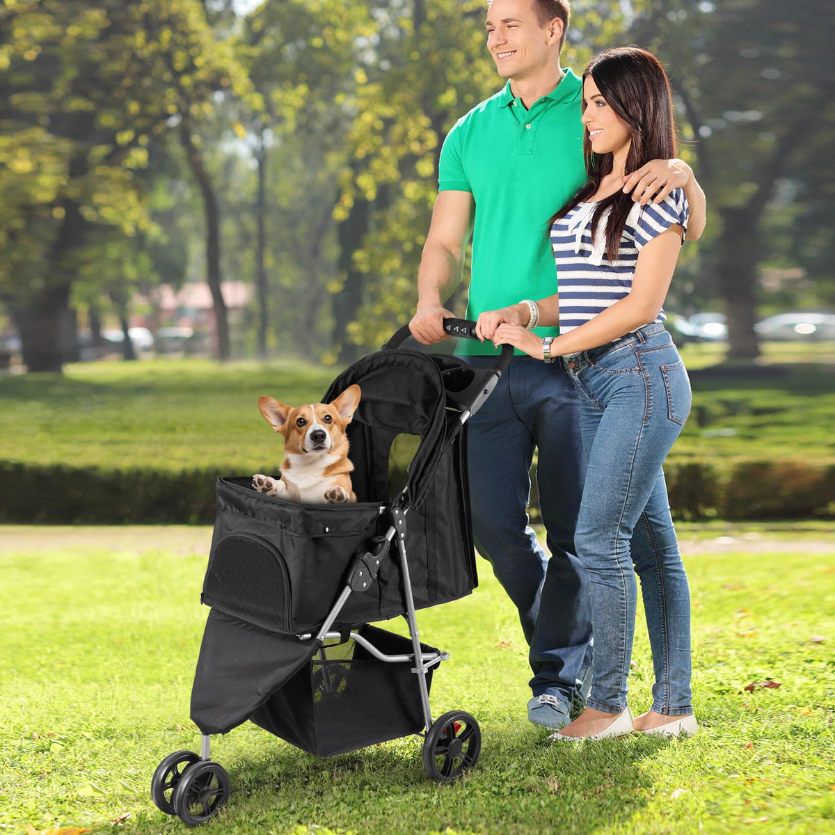 Foldable Pet Stroller with Weather Cover, Storage Basket and Cup Holder X31654