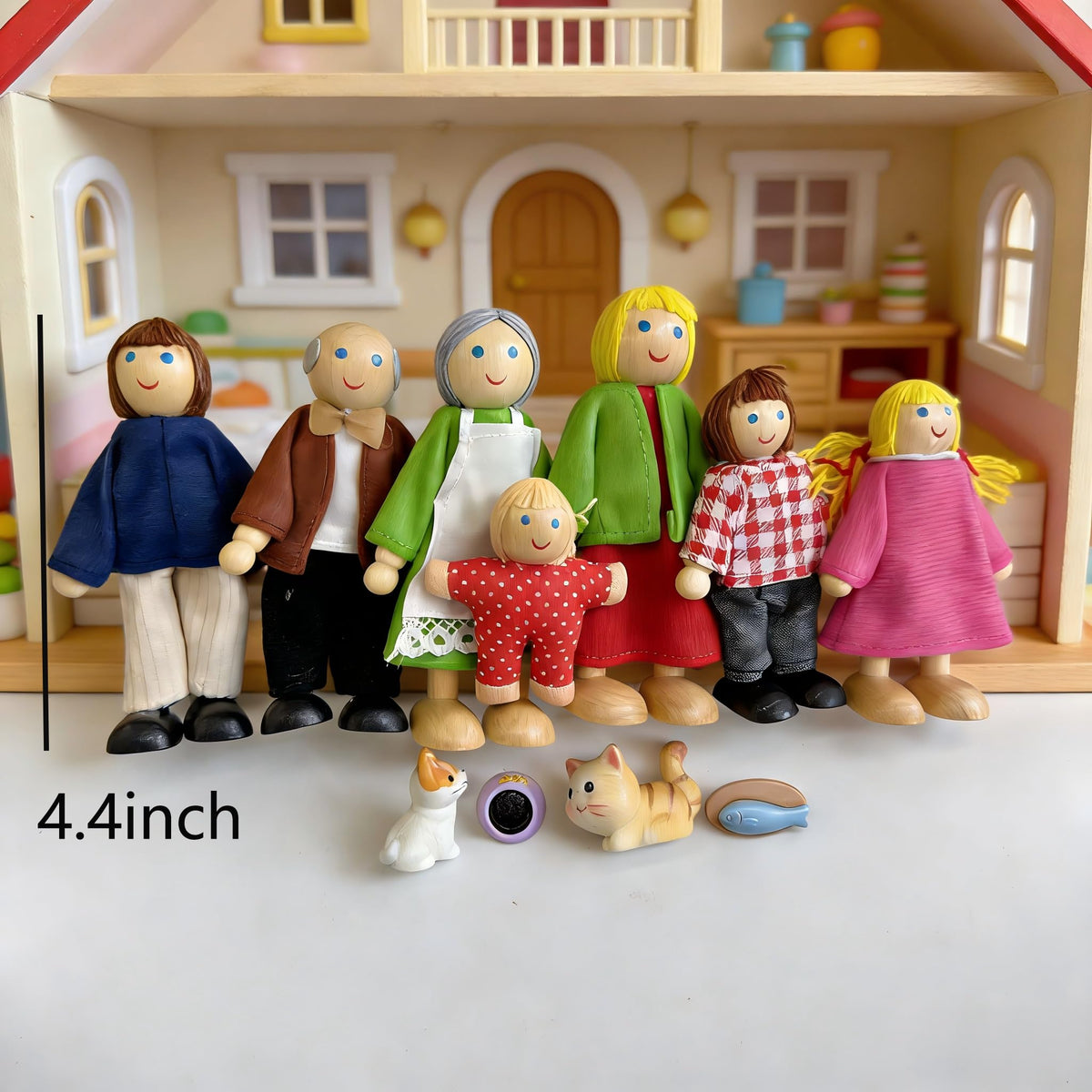 12 Pieces Wooden Dollhouse Family Set with Dog Cat Figures Y878