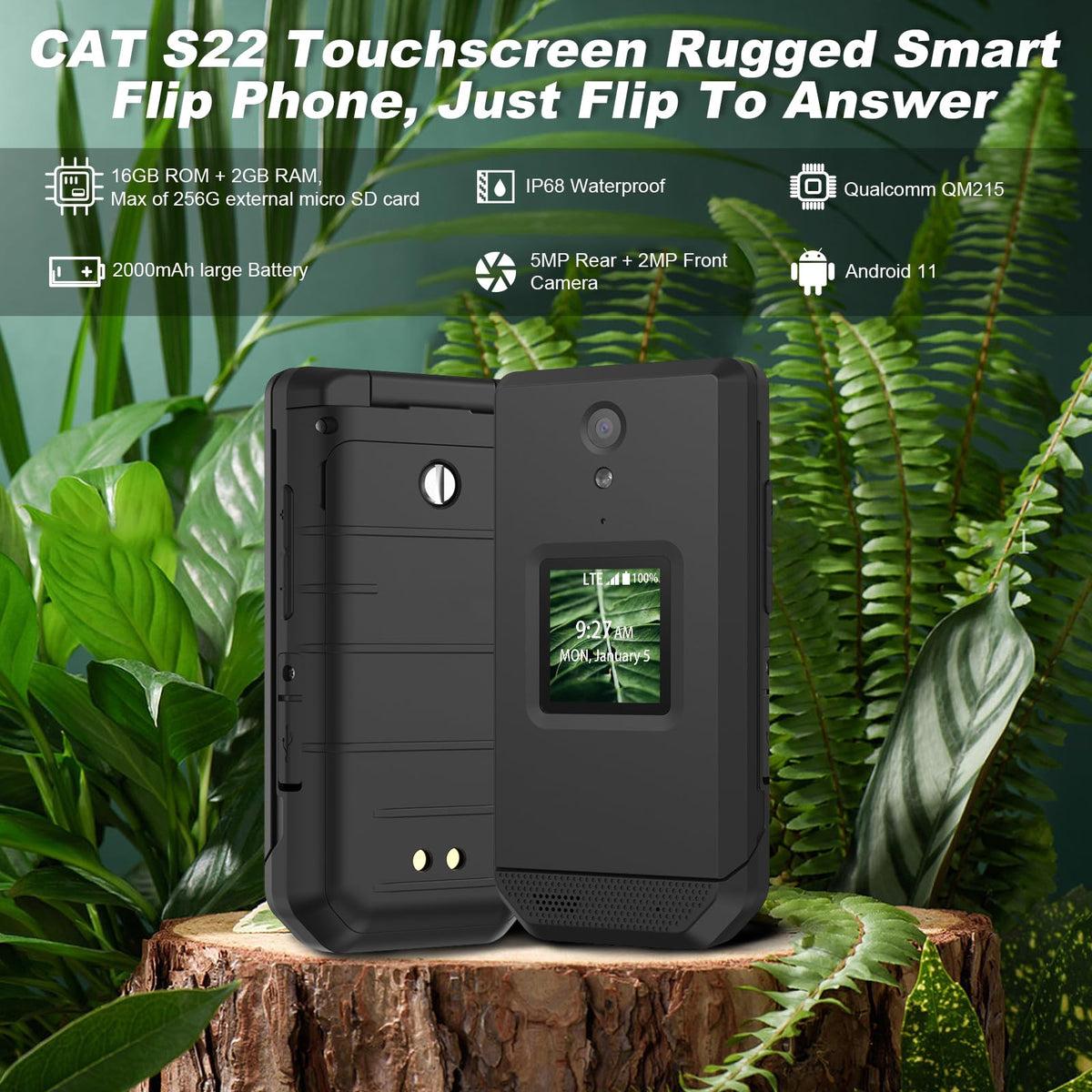 Unlocked Rugged Flip Phone 16GB 2.8'' Touchscreen Android 11 IP68 Water Resistant 4G LTE GSM Single Sim Black P734