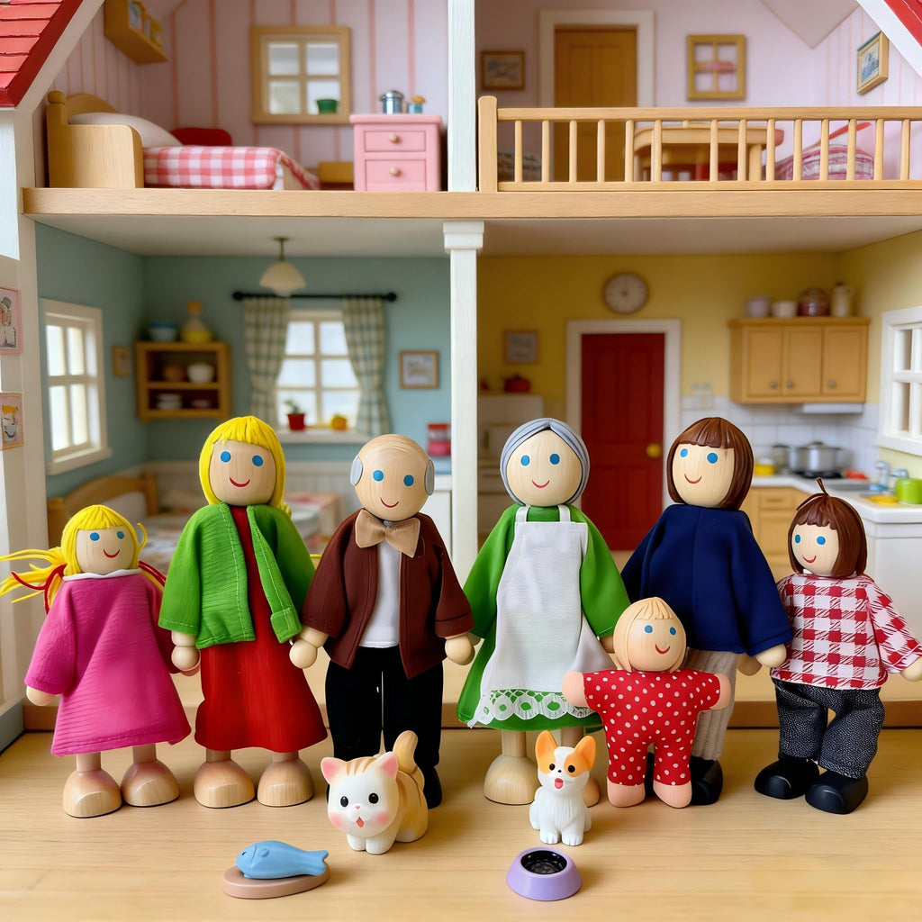 12 Pieces Wooden Dollhouse Family Set with Dog Cat Figures Y878