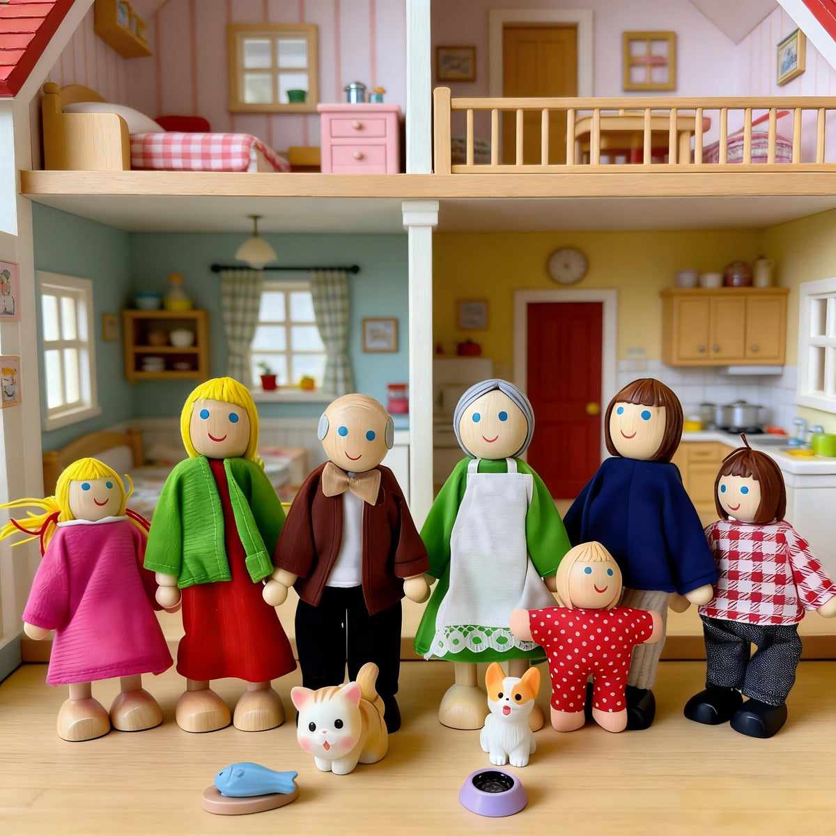 12 Pieces Wooden Dollhouse Family Set with Dog Cat Figures Y878