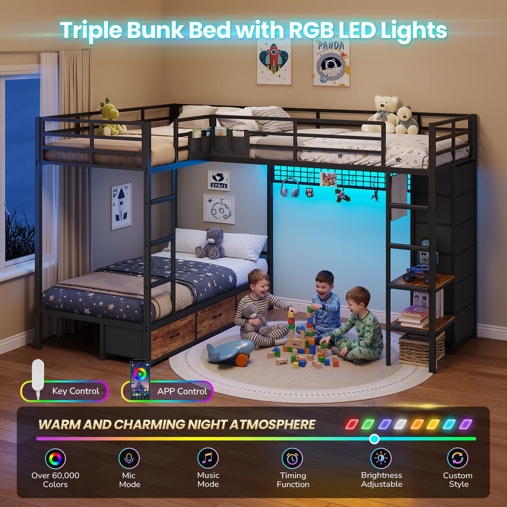 Black Twin Over Twin Triple Bunk Bed with 9 Storage Drawers U285369