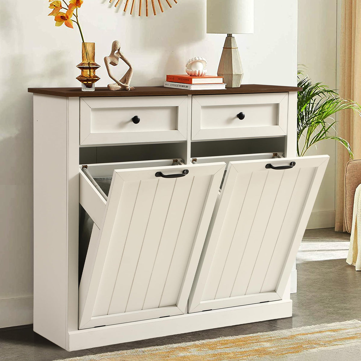 White 22 Gallon Laundry Hamper Cabinet with 2 Drawers Y6684