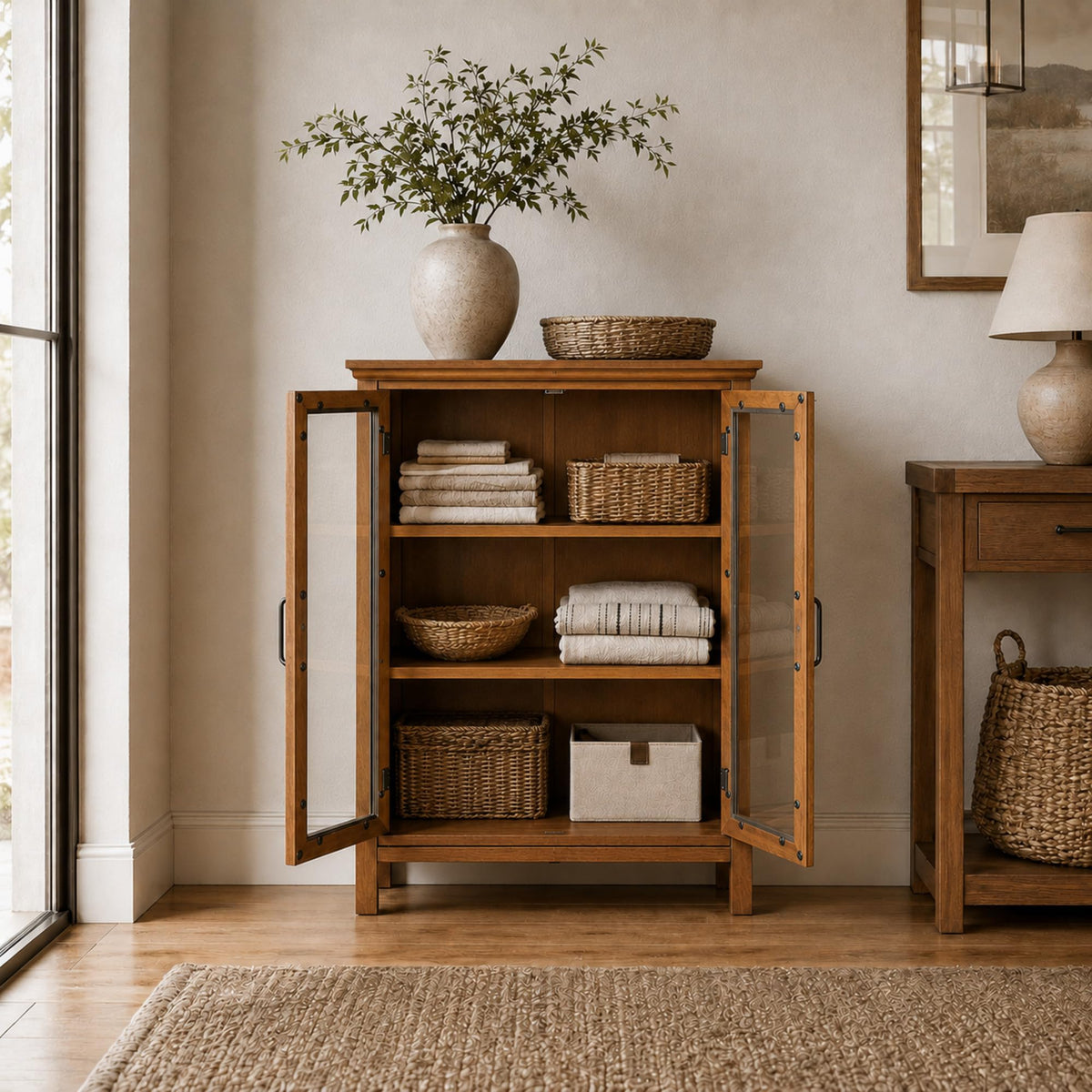 Wooden Freestanding Floor Cabinet with 2 Adjustable Shelves and 2 Glass Paneled Doors W257