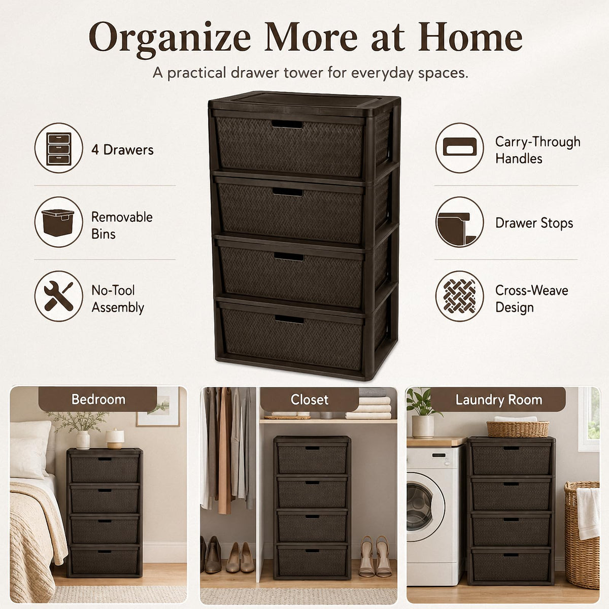 Brown 4 Drawer Plastic Storage Organizer X787