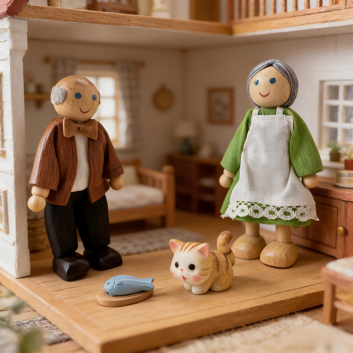 12 Pieces Wooden Dollhouse Family Set with Dog Cat Figures Y878