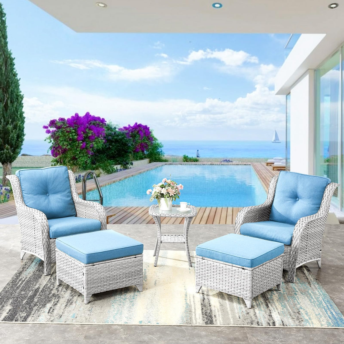 Wicker Outdoor Ottomans Set of 2 Handwoven Rattan Footstools with Removable Cushions J861073