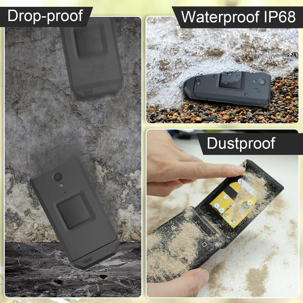 Unlocked Rugged Flip Phone 16GB 2.8'' Touchscreen Android 11 IP68 Water Resistant 4G LTE GSM Single Sim Black P734