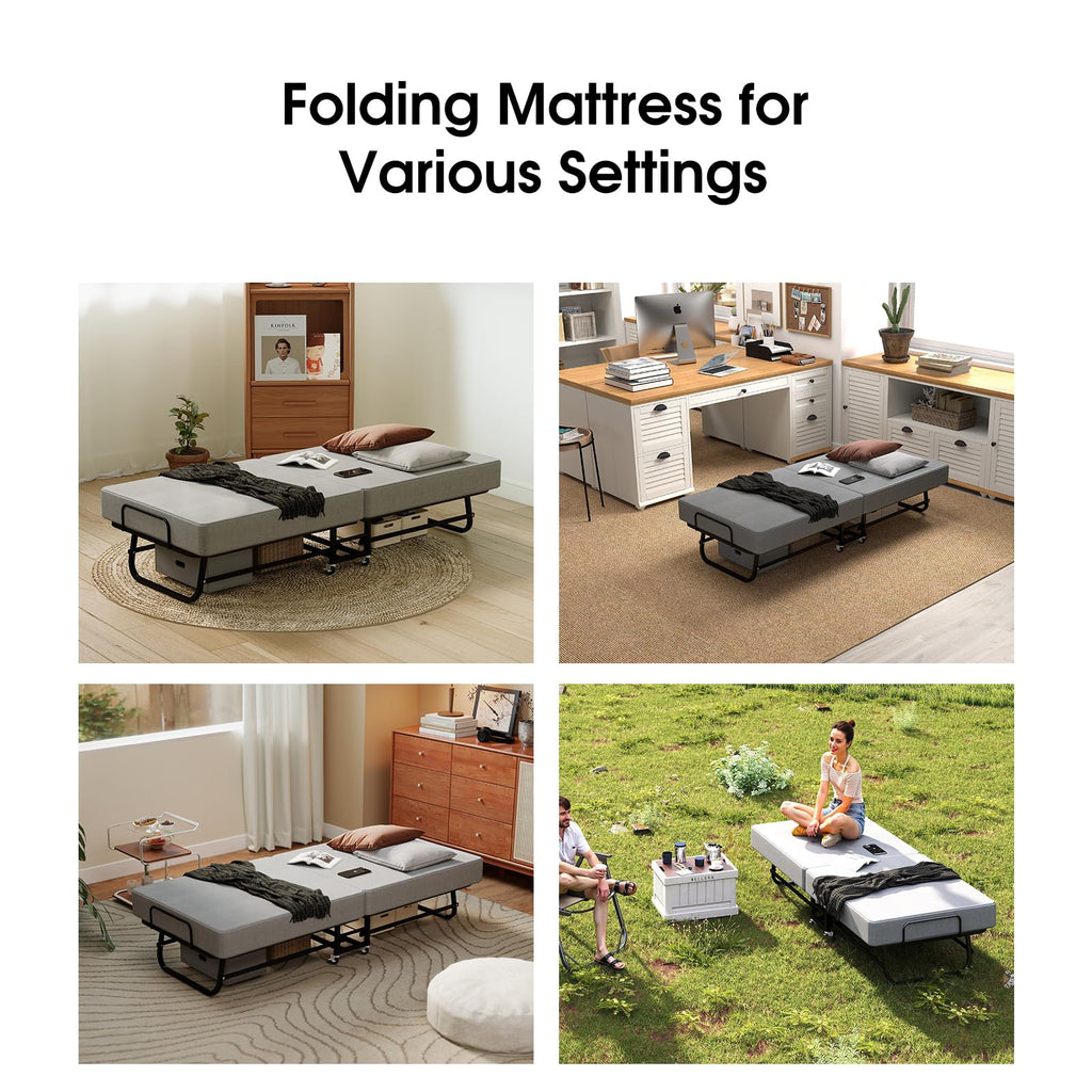 Folding Bed with Mattress, Memory Foam and Metal Frame, 75" x 31" I5046