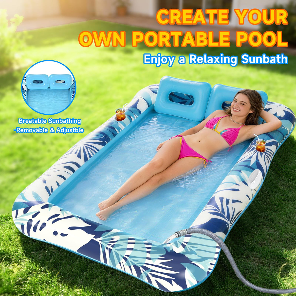 75"x64" XXL Inflatable Tanning Pool Lounger Float with Pillow Blue I847
