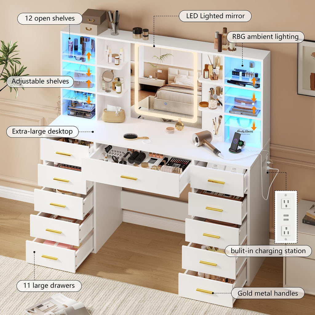 55" Extra-Wide White Makeup Vanity Desk with Lighted Mirror & 11 Drawers G84715