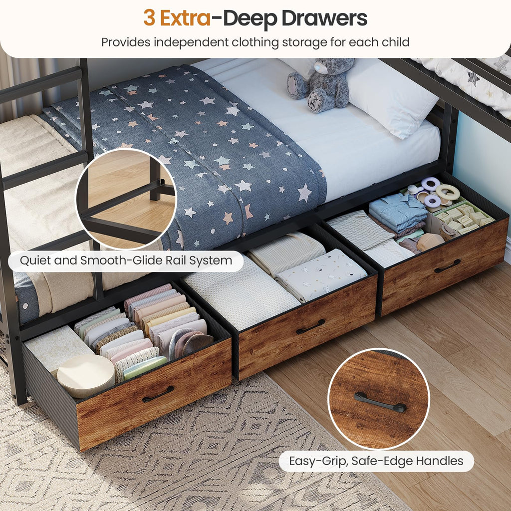Black Twin Over Twin Triple Bunk Bed with 9 Storage Drawers U285369