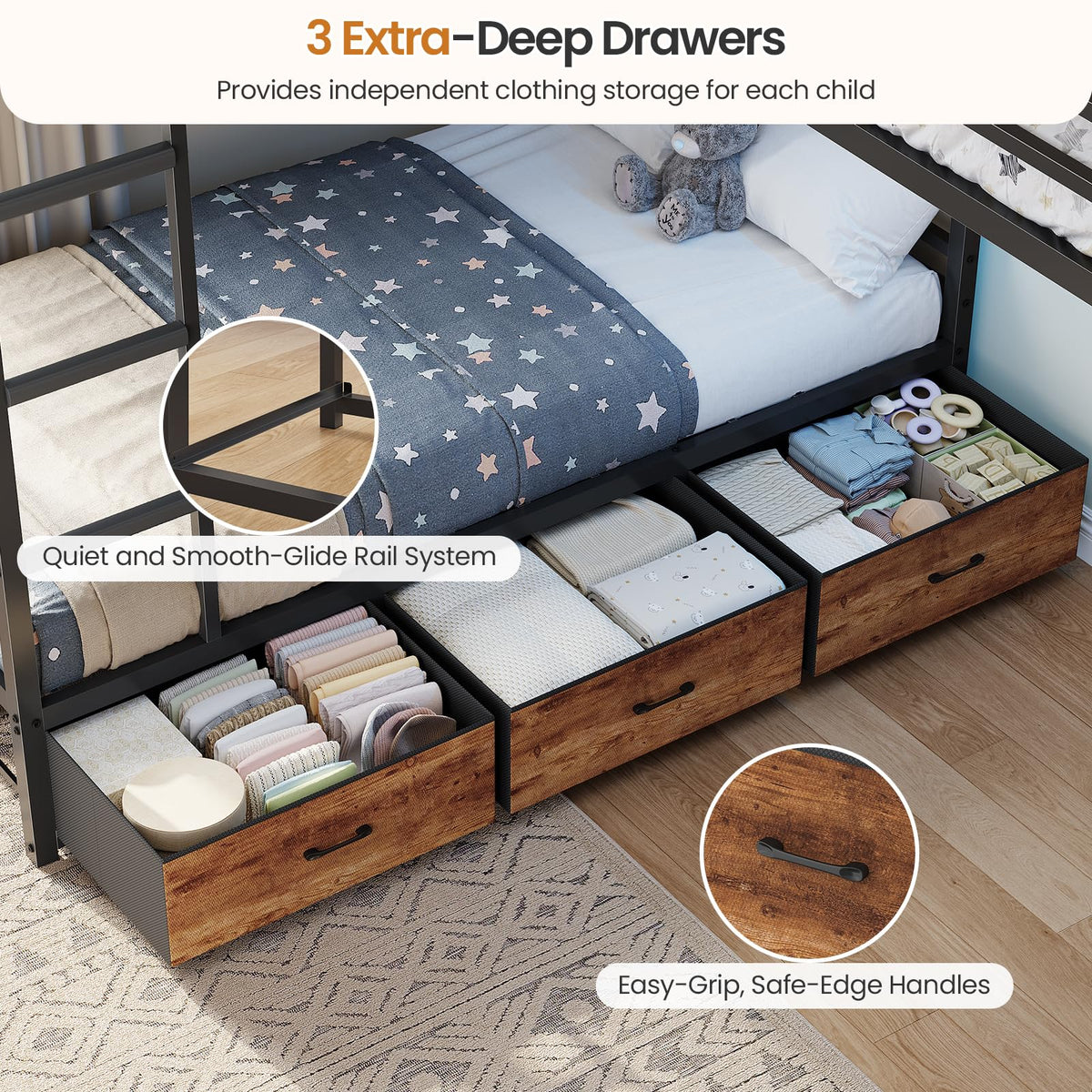 Black Twin Over Twin Triple Bunk Bed with 9 Storage Drawers U285369
