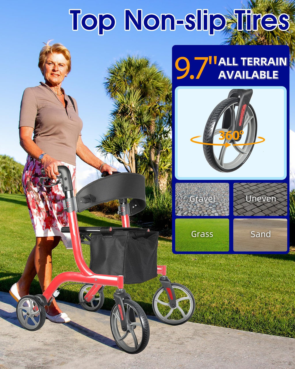 Foldable Rollator Walker with Seat, 19 lbs Lightweight, 10-Inch Wheels N92867