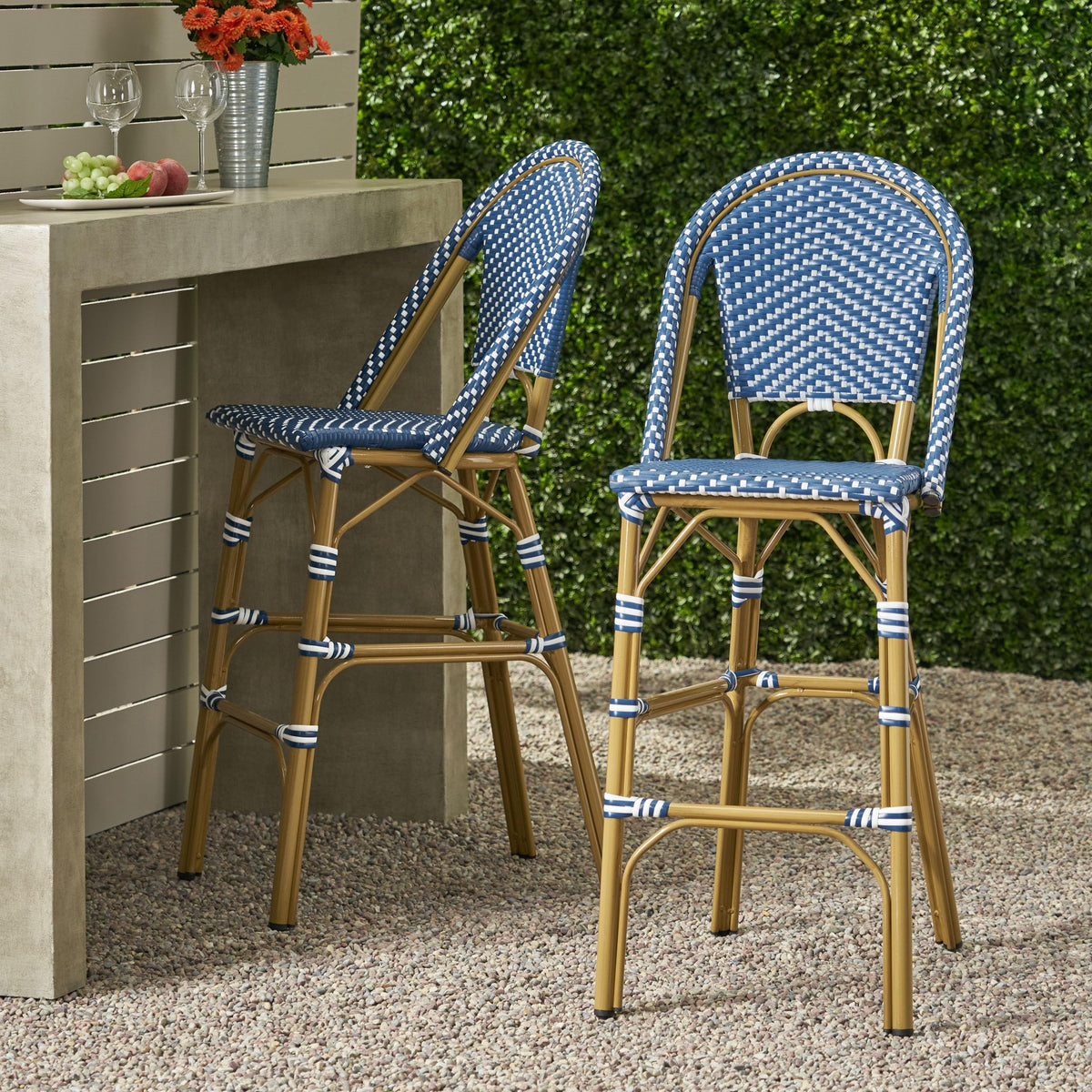 Teal Blue Wicker Rattan Bar Stools Set of 2 Aluminum Frame A332