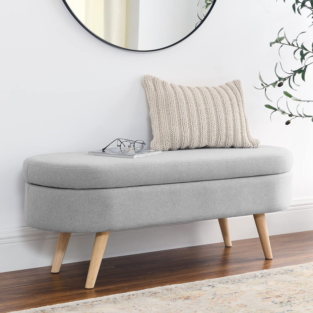 Grey Linen Oval Storage Ottoman Bench U635