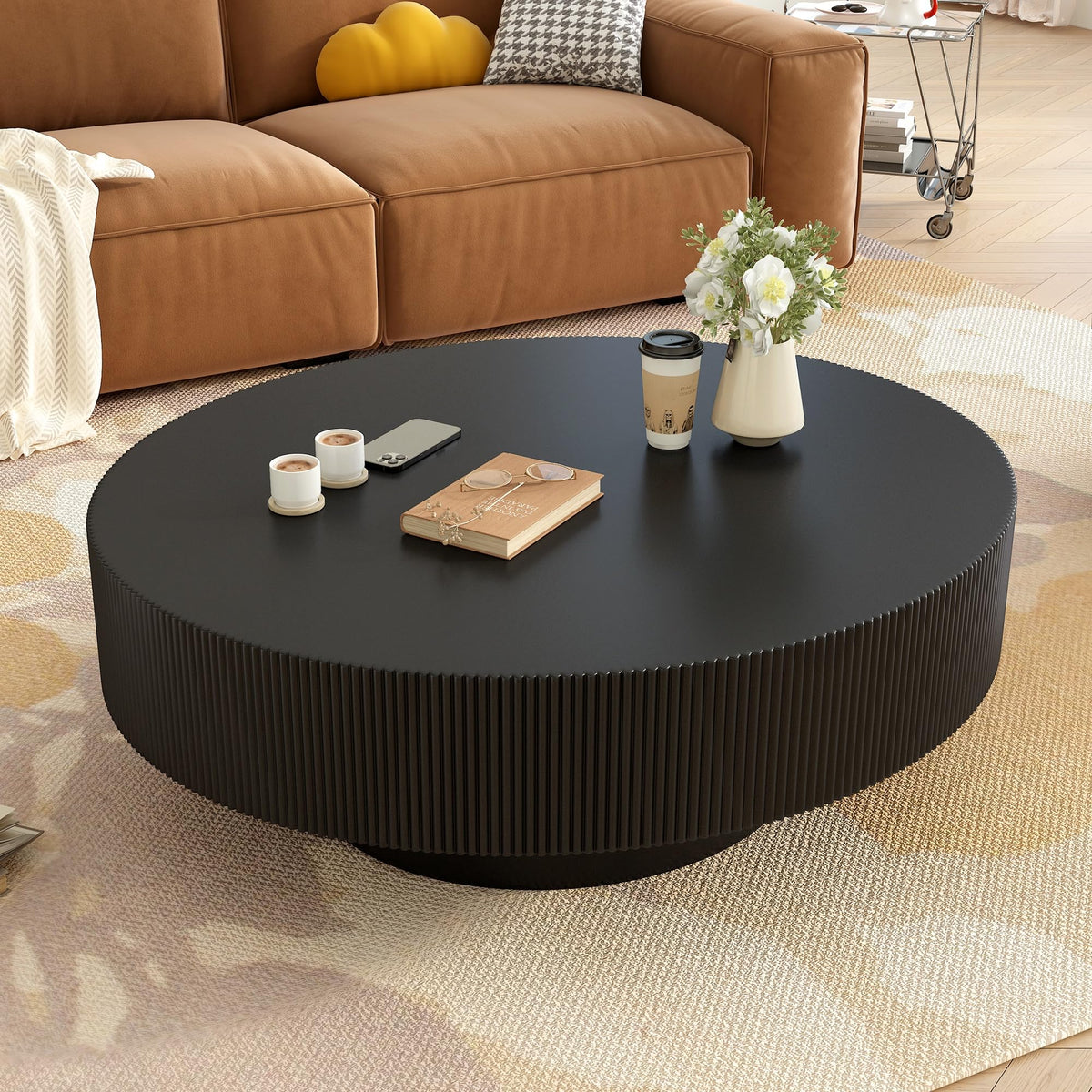 Round Coffee Table, 31.5" Fluted Pedestal Wood Table, Black E978