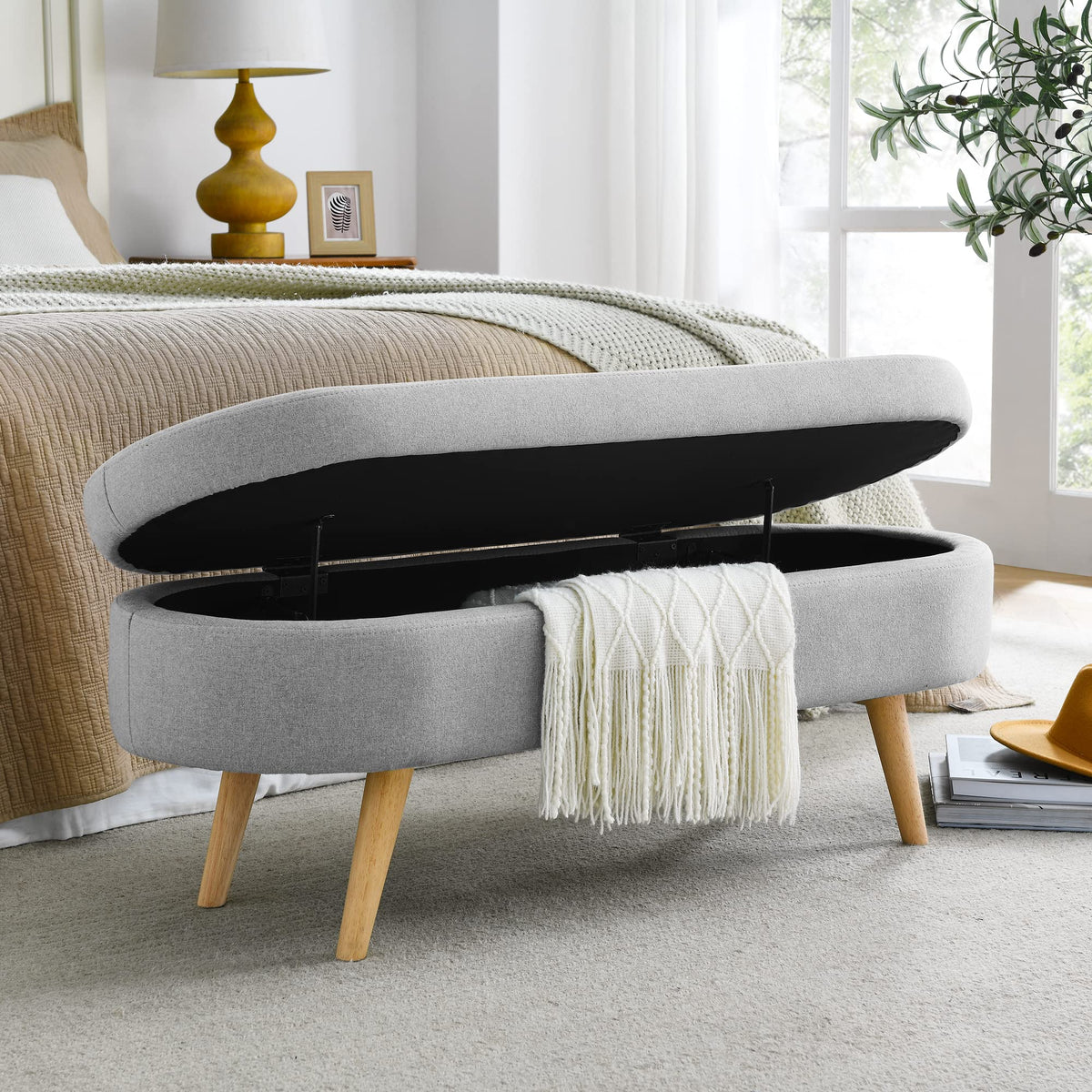 Grey Linen Oval Storage Ottoman Bench U635