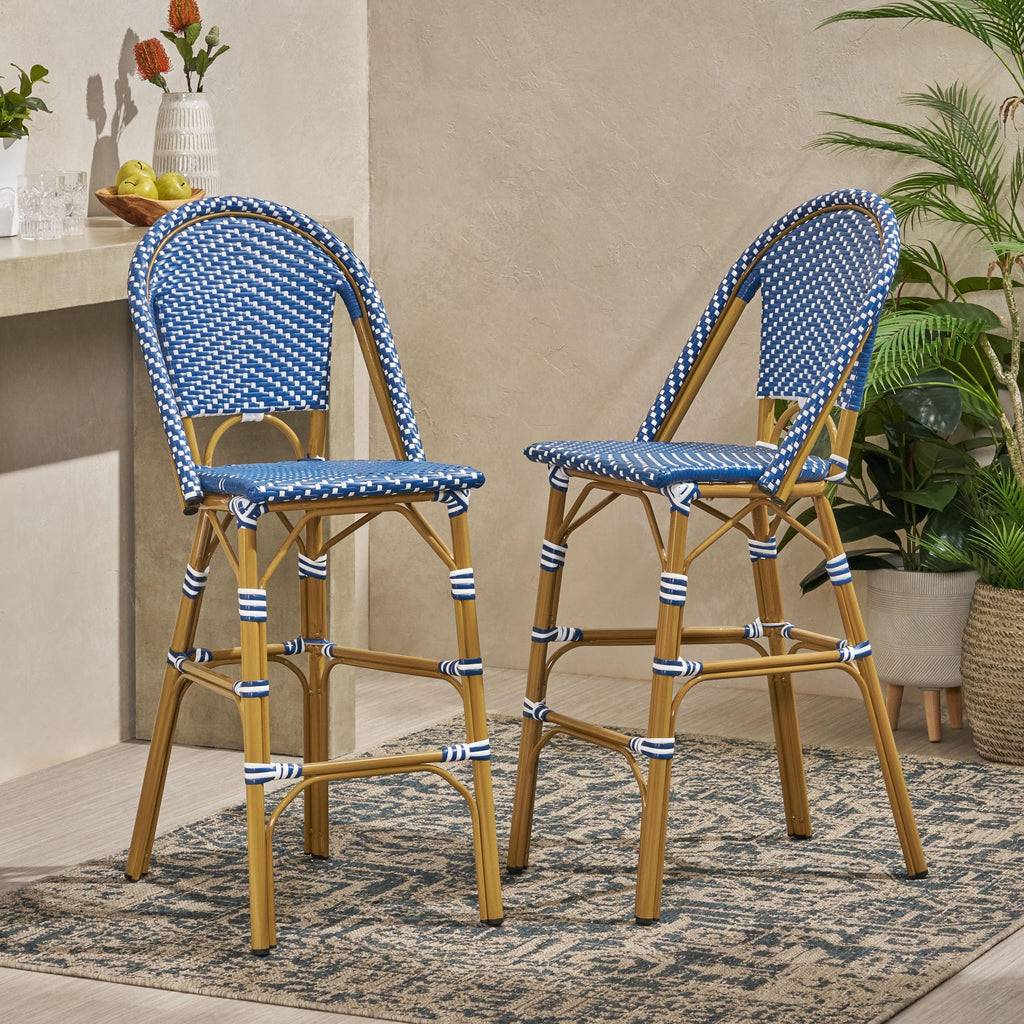 Teal Blue Wicker Rattan Bar Stools Set of 2 Aluminum Frame A332
