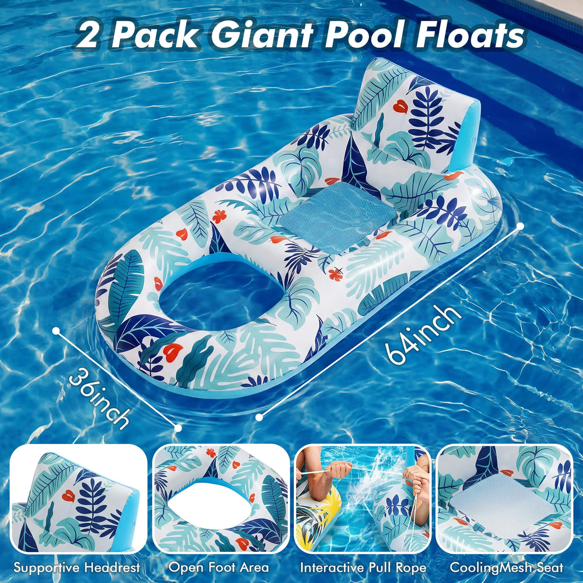2 Pack Adult Pool Float Lounger with Cup Holders J498154