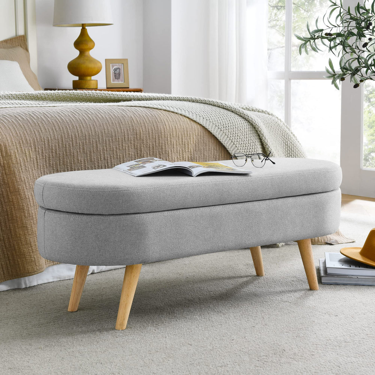 Grey Linen Oval Storage Ottoman Bench U635