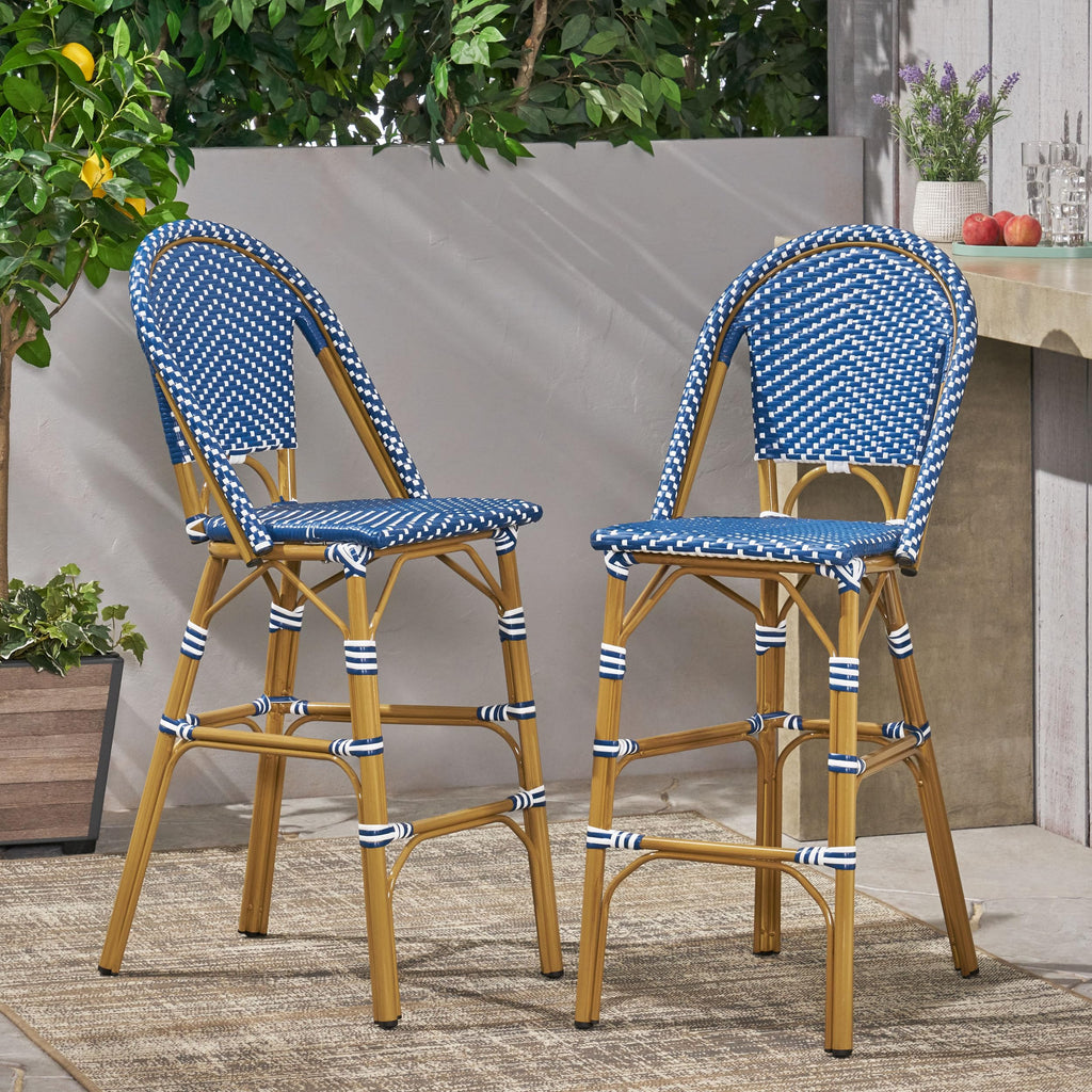 Teal Blue Wicker Rattan Bar Stools Set of 2 Aluminum Frame A332
