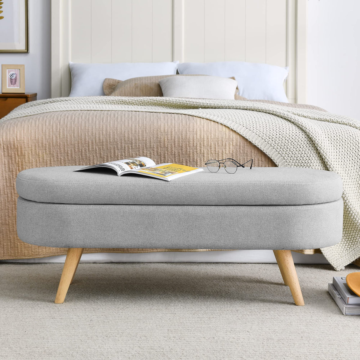 Grey Linen Oval Storage Ottoman Bench U635